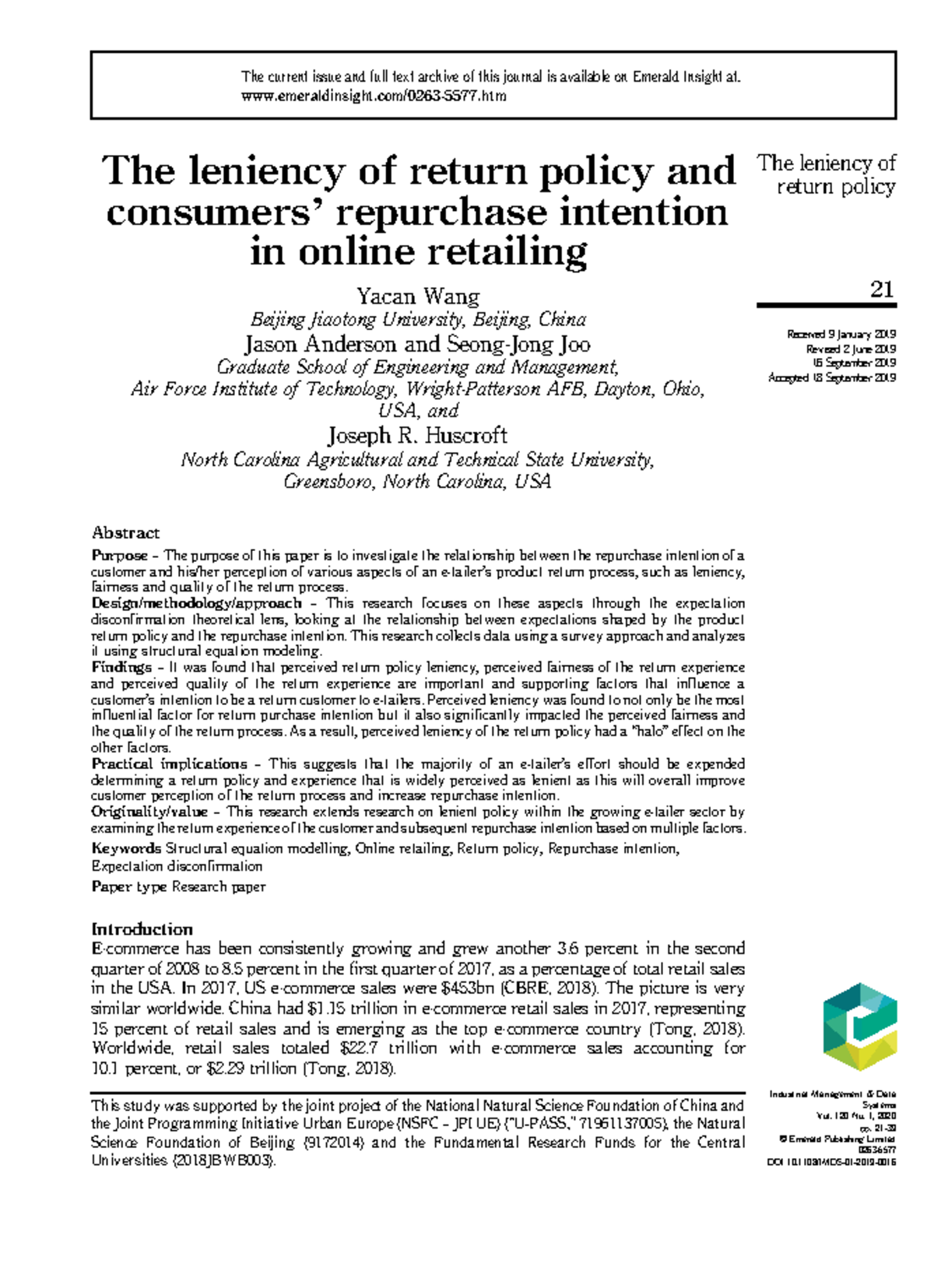 The Leniency of Return Policy and Its Impact on Repurchase Intention in ...