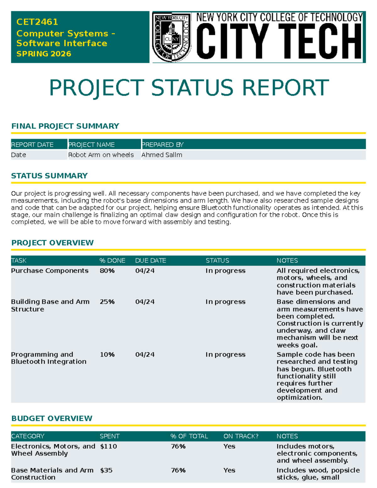 CET2461 Spring 2026 Final Project Status Report: Robot Arm Update - Studocu