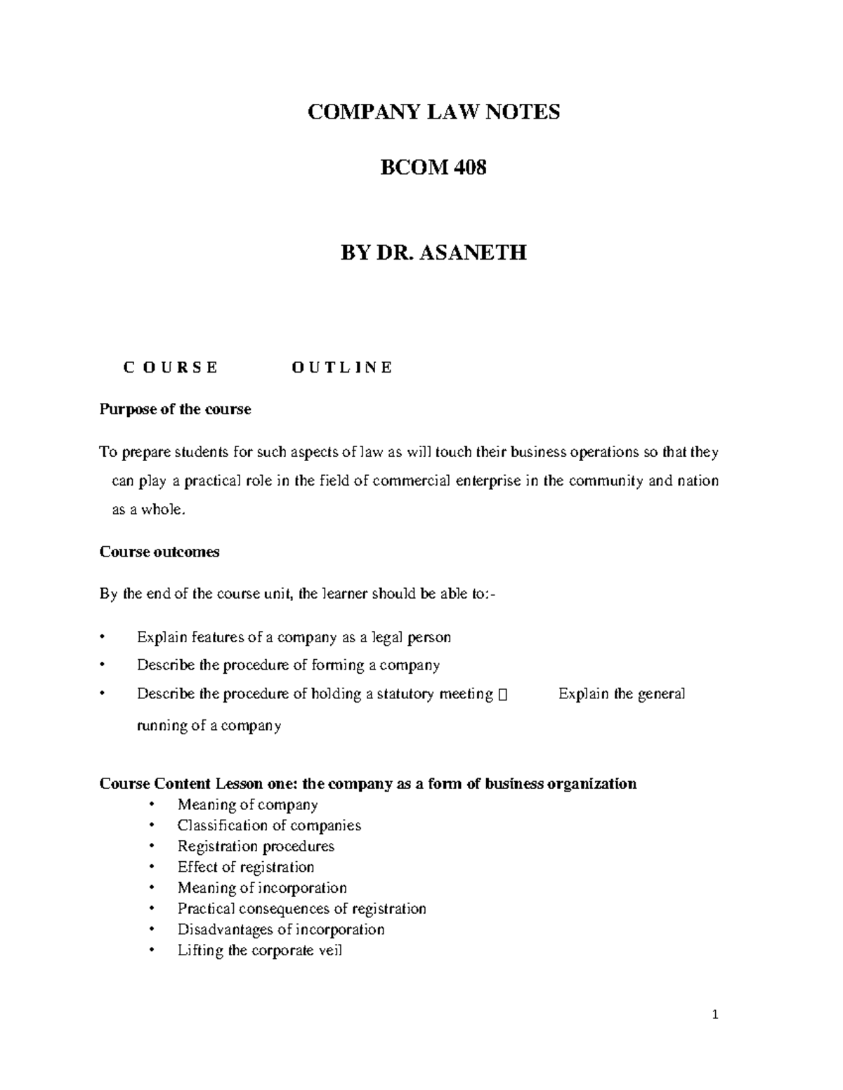 BCOM 408: Comprehensive Company Law Notes for Final Exam - Studocu