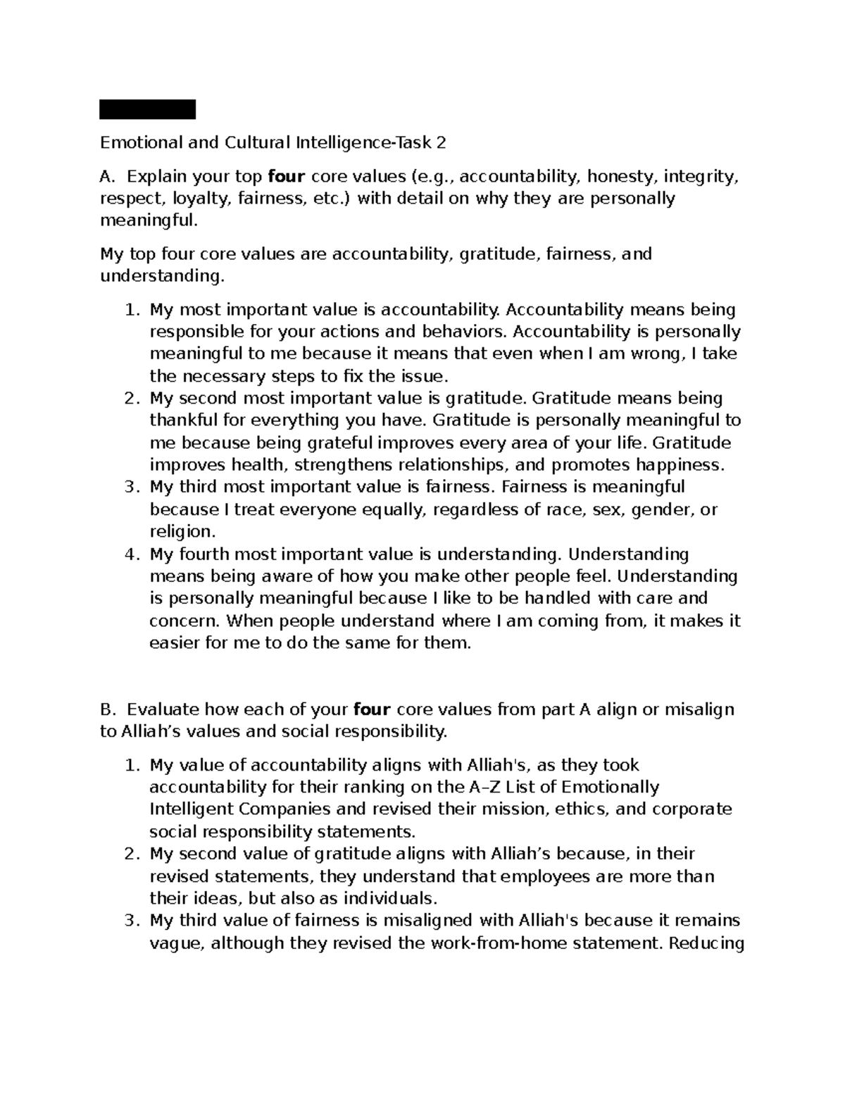 Core Values and Cultural Intelligence: A Reflection on EI and CI - Studocu