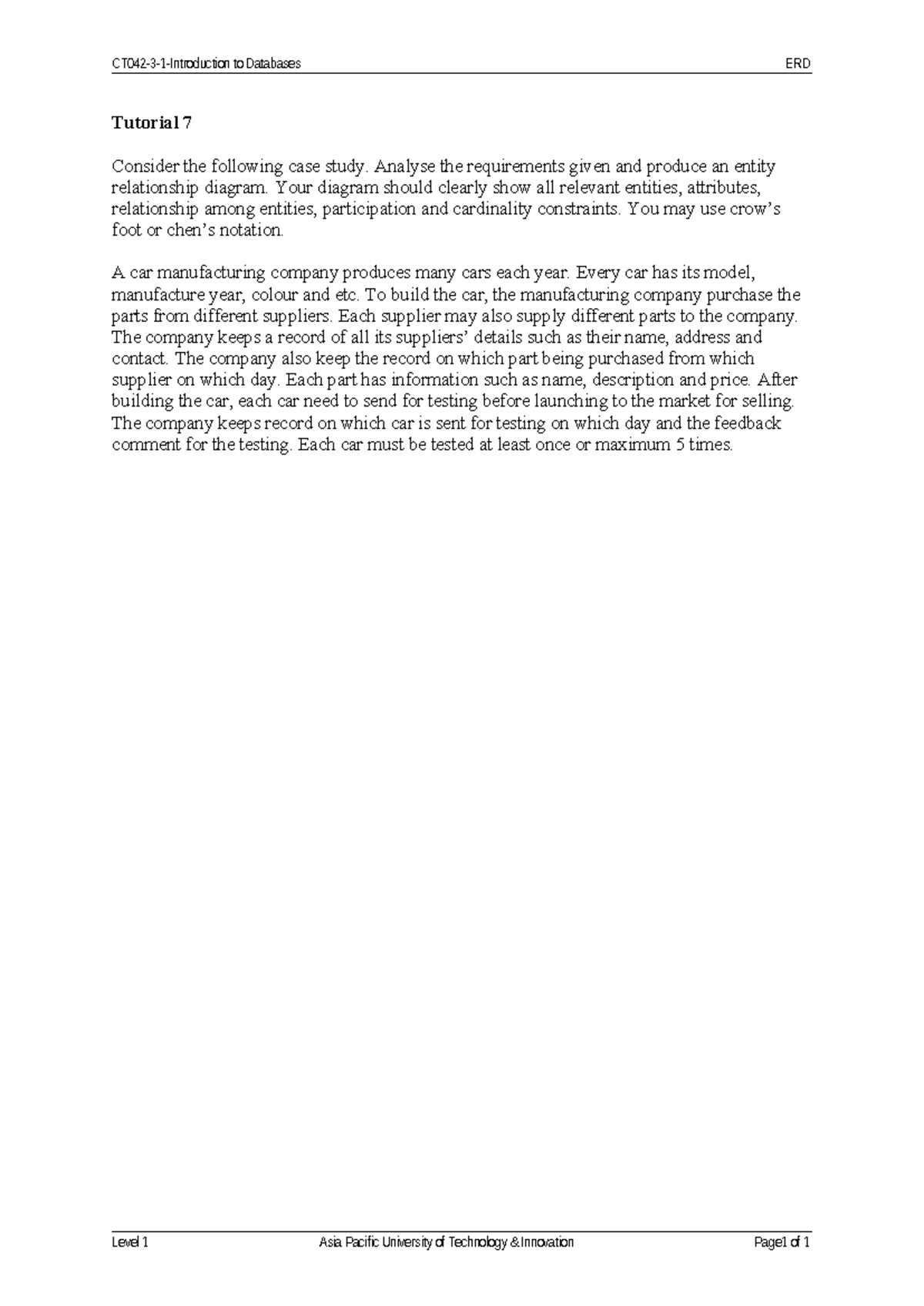 Tutorial 7: ERD Case Study for Car Manufacturing Company - Studocu