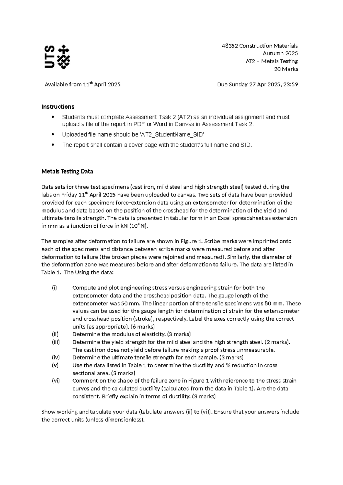 48352 - AT2 Metals Testing - 2025 AUT Final Report Guidelines - Studocu