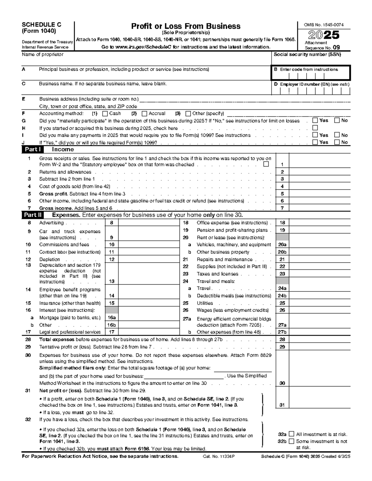 Schedule C (Form 1040) 2025: Profit or Loss from Business - Studocu