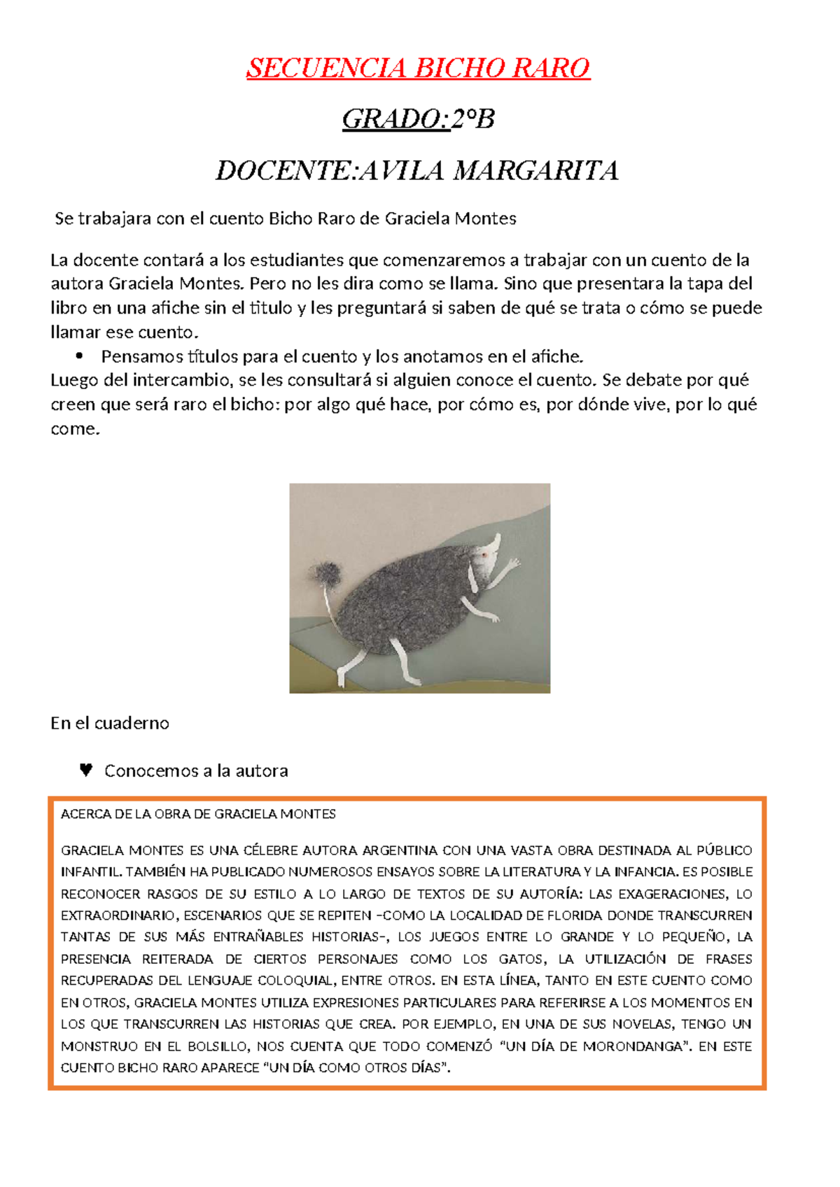 2° Bicho RARO - Secuencia Didáctica sobre el Cuento de Graciela Montes ...