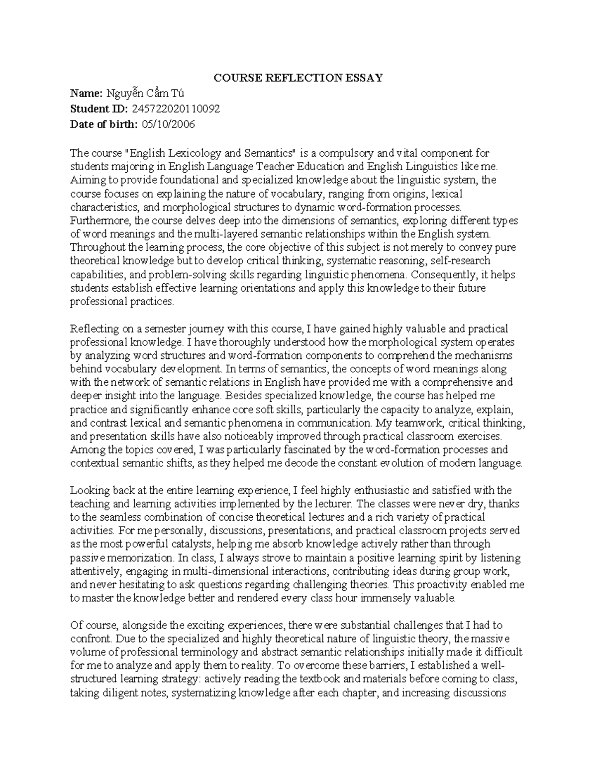 Lexicology Course Reflection Essay - ENG 101 - Studocu