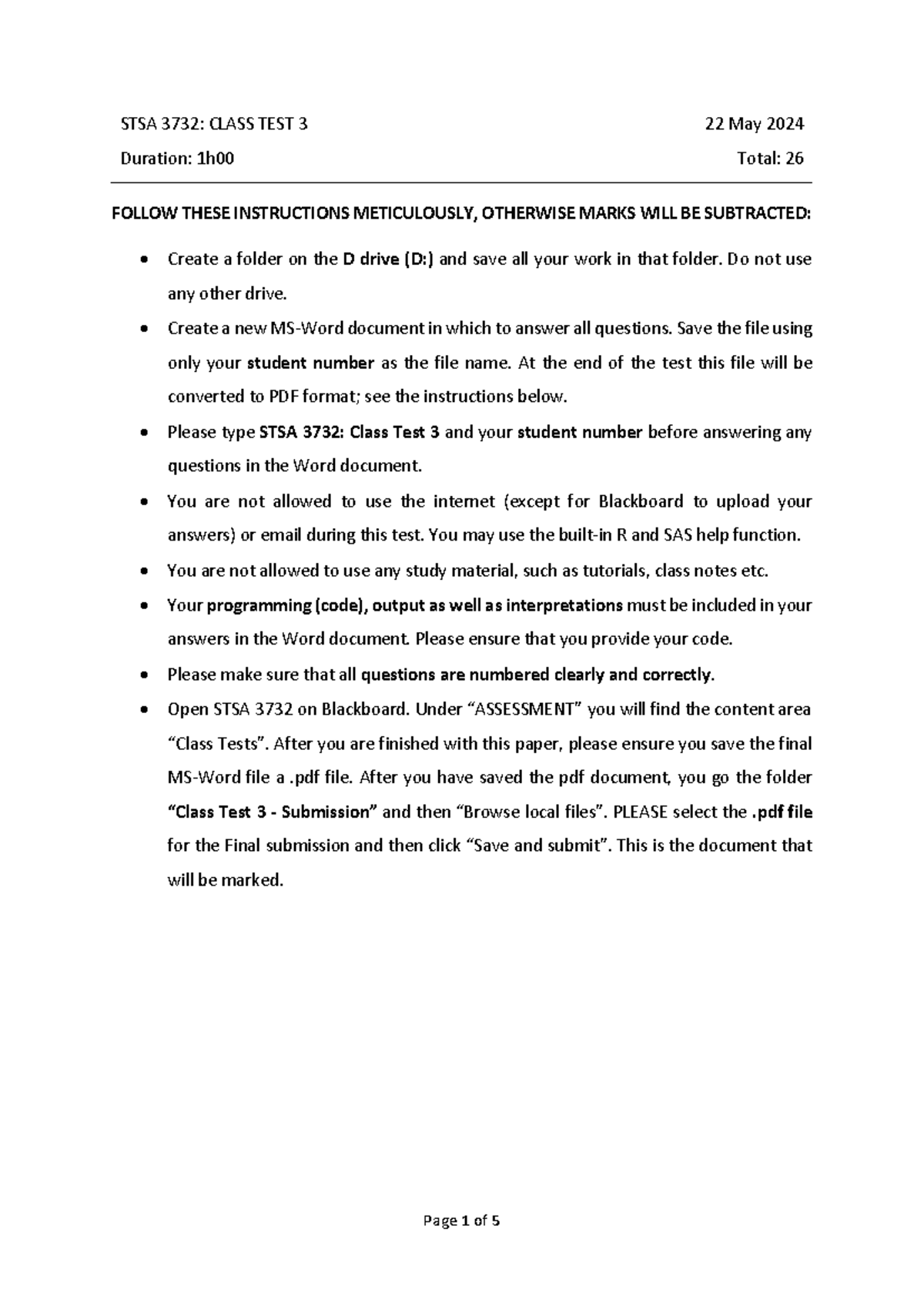 STSA 3732: Class Test 3 Memo - Instructions & Data Analysis Guide - Studocu