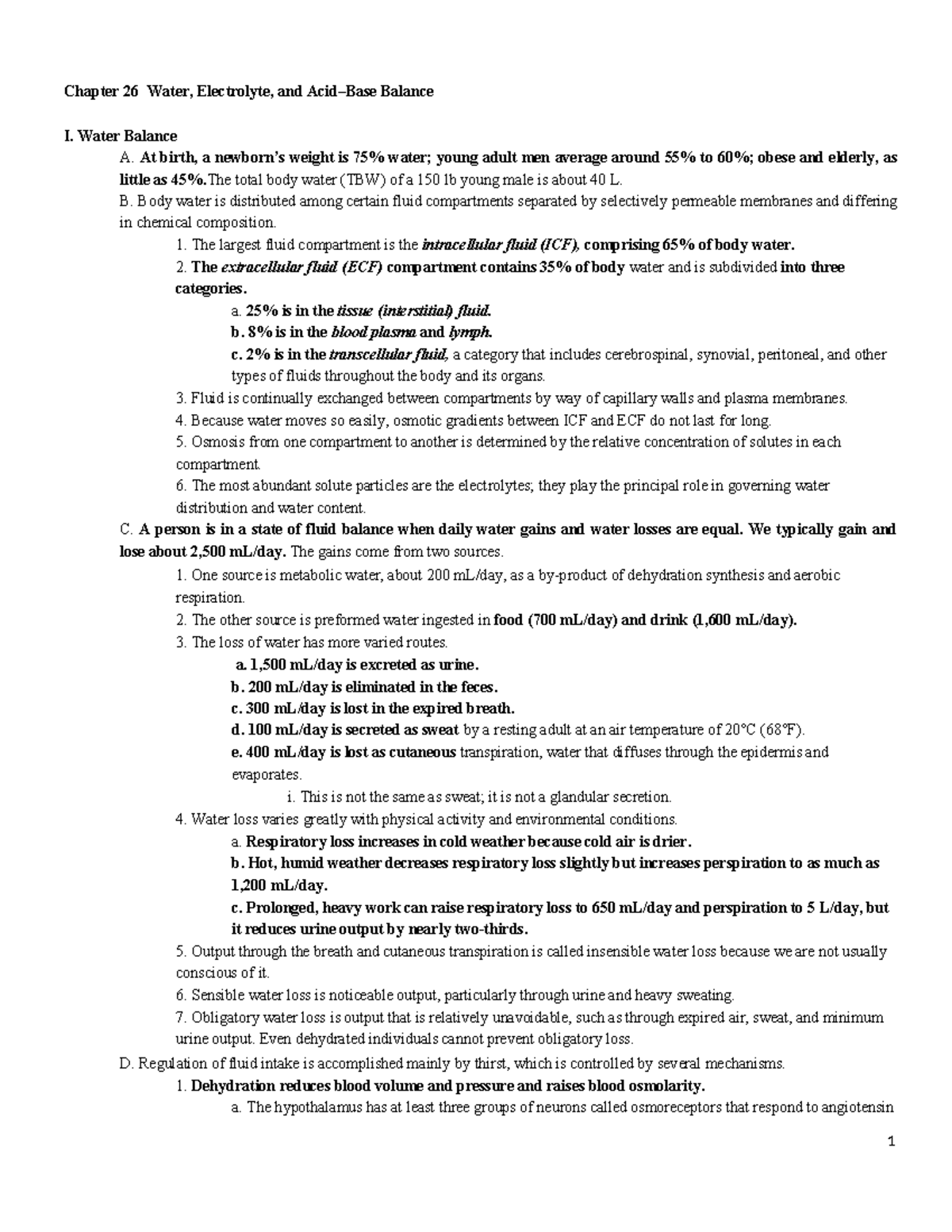 Chapter 26 Notes: Water, Electrolyte, and Acid-Base Balance - Studocu