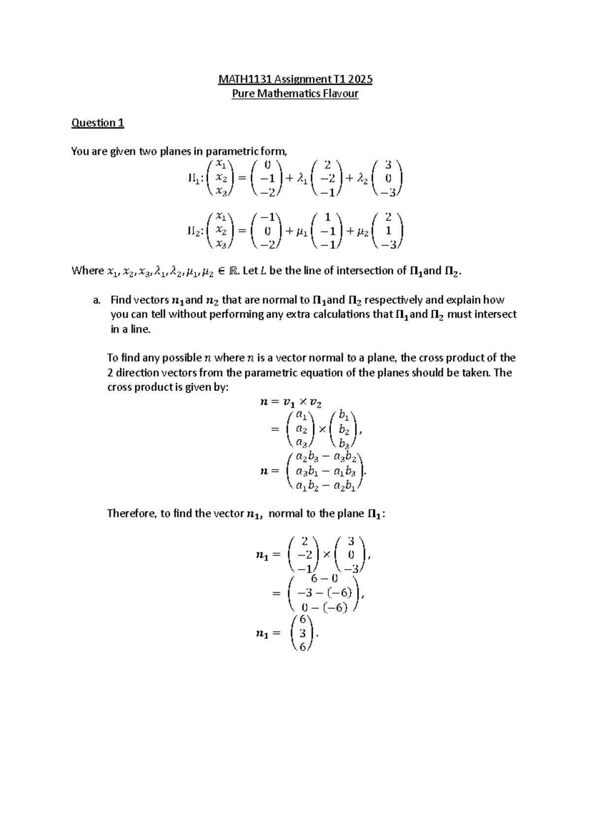 MATH1131 Assignment T1 2025: Intersection of Planes and Vectors - Studocu