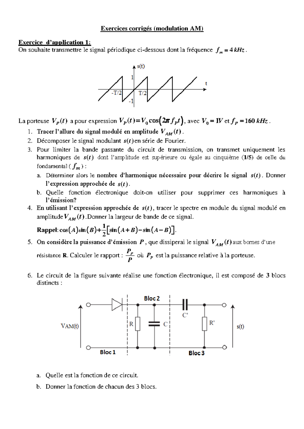 Corrigés des exercices d'application en modulation AM (AM) - Studocu