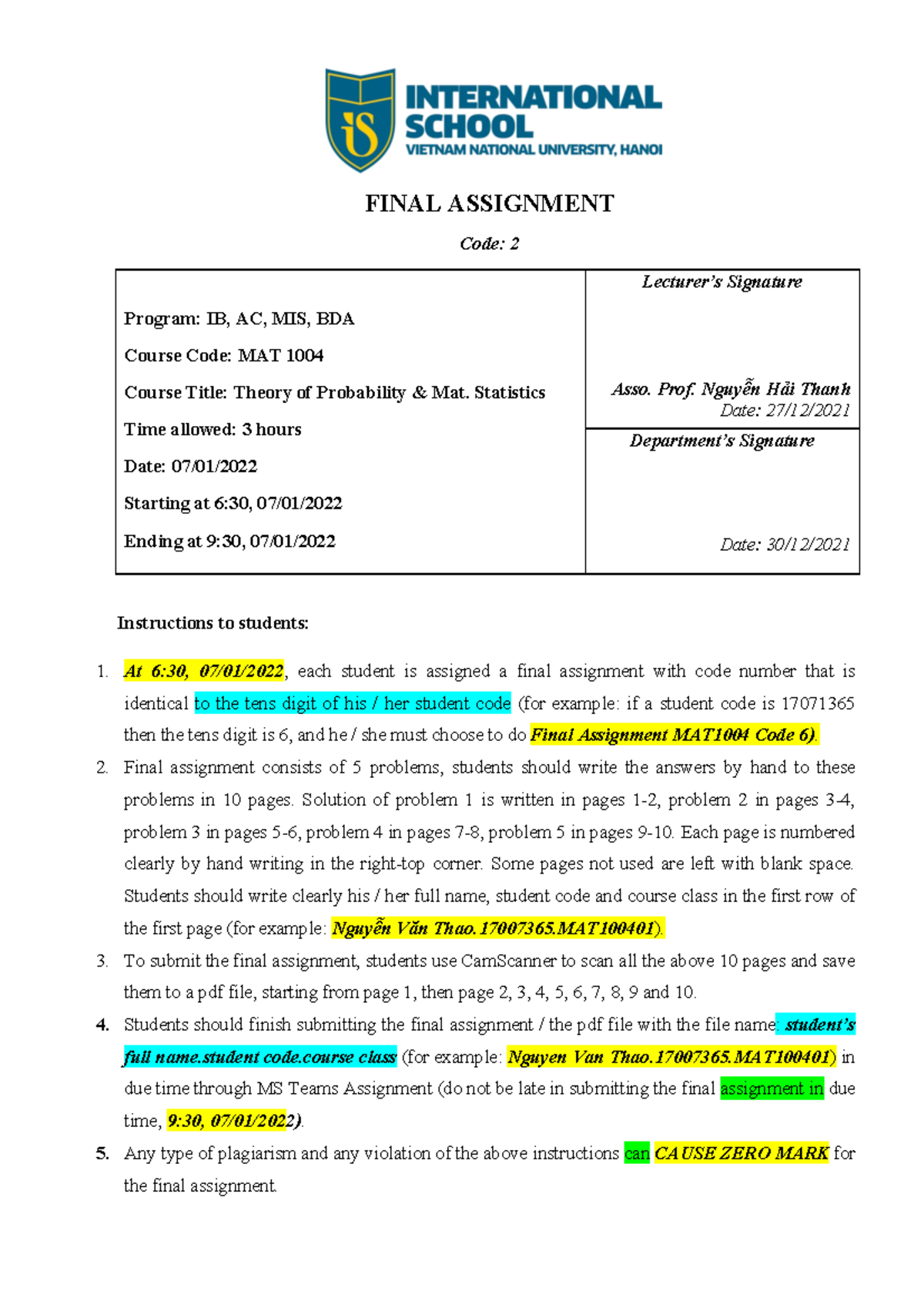 Final Assignment MAT1004 Code 2 - FINAL ASSIGNMENT Code: 2 Program: IB ...