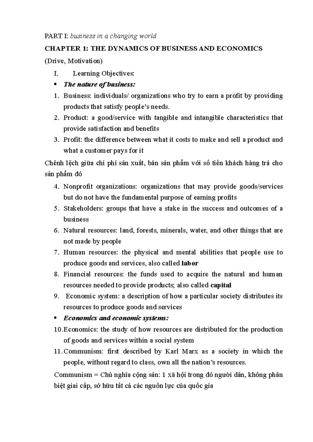BUS 101: Chapter 1 - Dynamics of Business & Economics Overview - Studocu