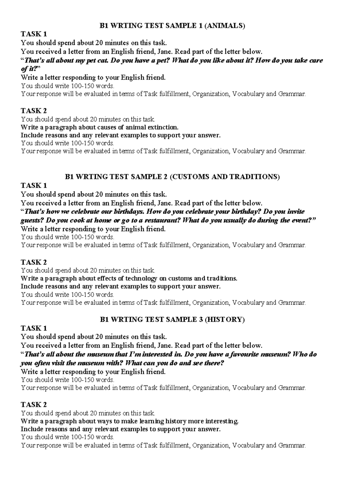 B1 Writing Test Samples - Animals, Customs, and History - Studocu
