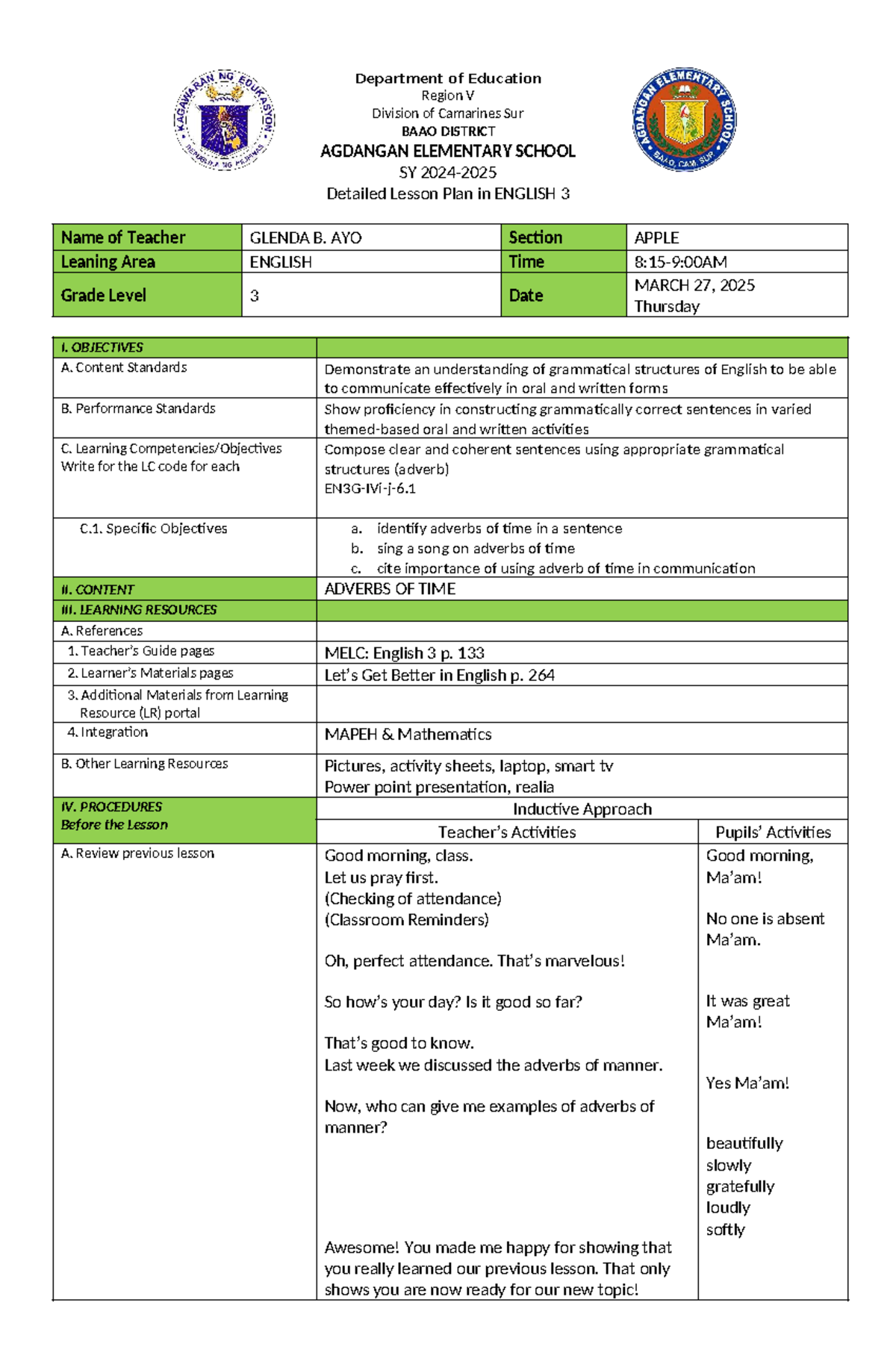 LP in English 3 COT: Lesson Plan on Adverbs of Time - Studocu
