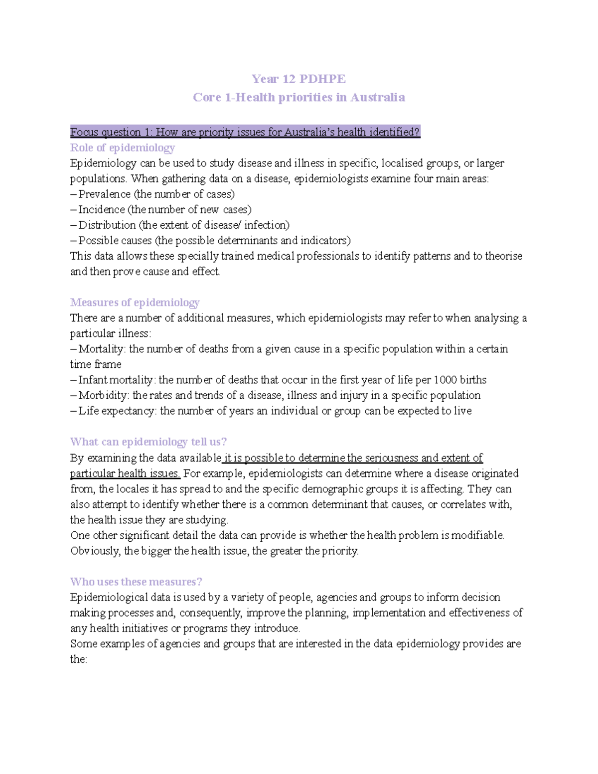 Pdhpe topic 1-study notes - Year 12 PDHPE Core 1-Health priorities in ...