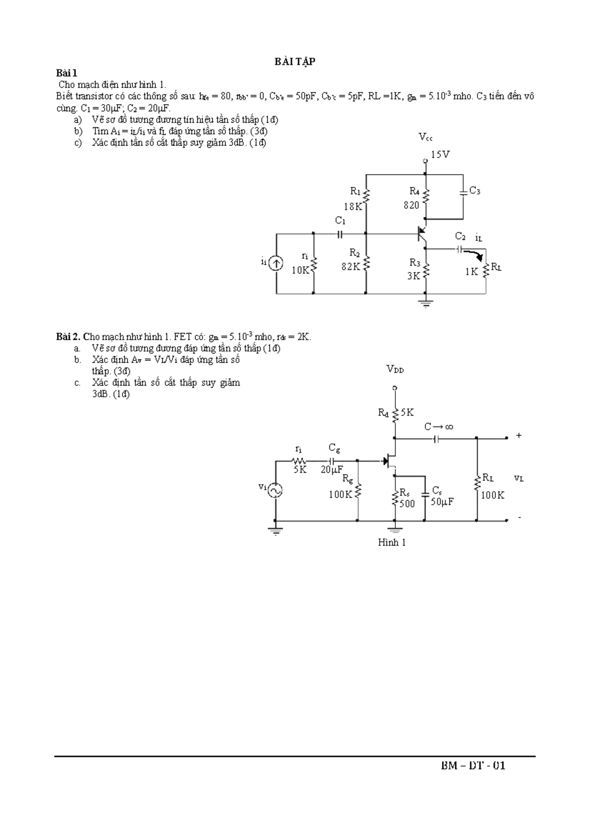 BÀI TẬP TẦN THẤP BM ĐT 01: Phân Tích Mạch Điện Transistor và FET - Studocu