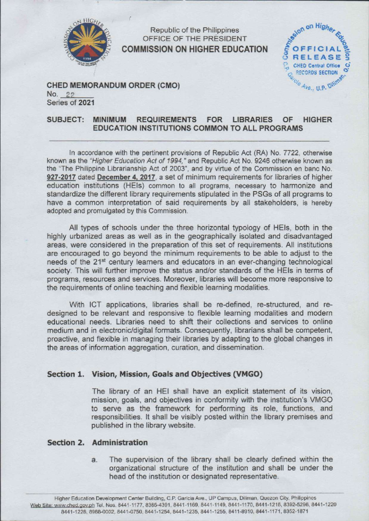 CMO No. 22, Series of 2021: Standards for Academic Libraries in the ...