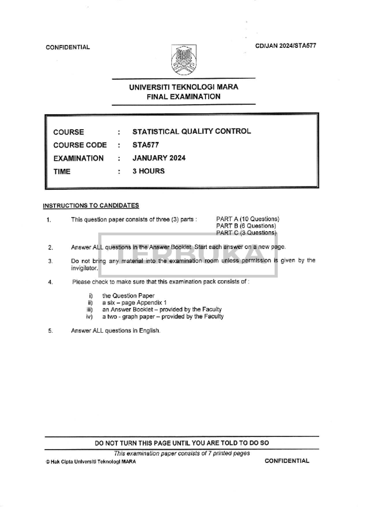 STA577 Final Exam: Statistical Quality Control January 2024 - Studocu