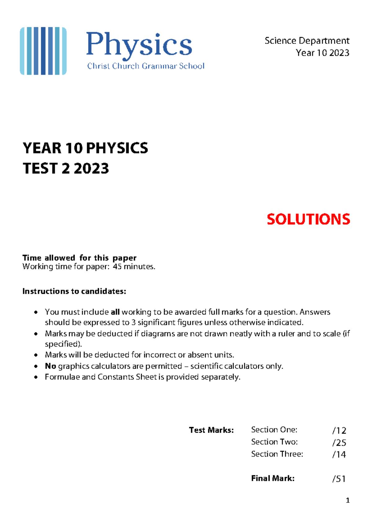 Year 10 Physics Test 2 2023 Solutions and Answers - Studocu