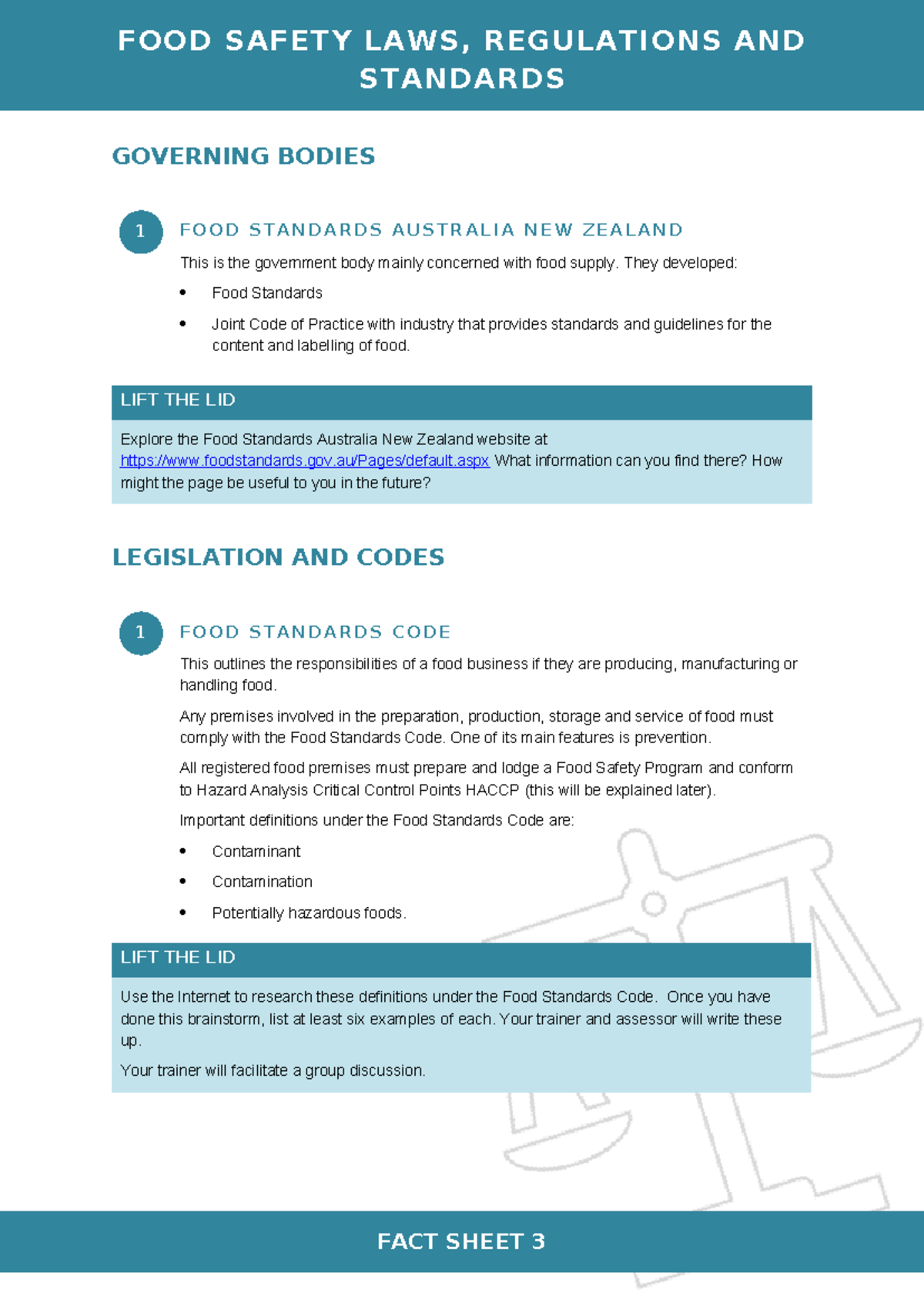 Fact Sheet 3 - Food Safety Laws & Standards Overview - Studocu