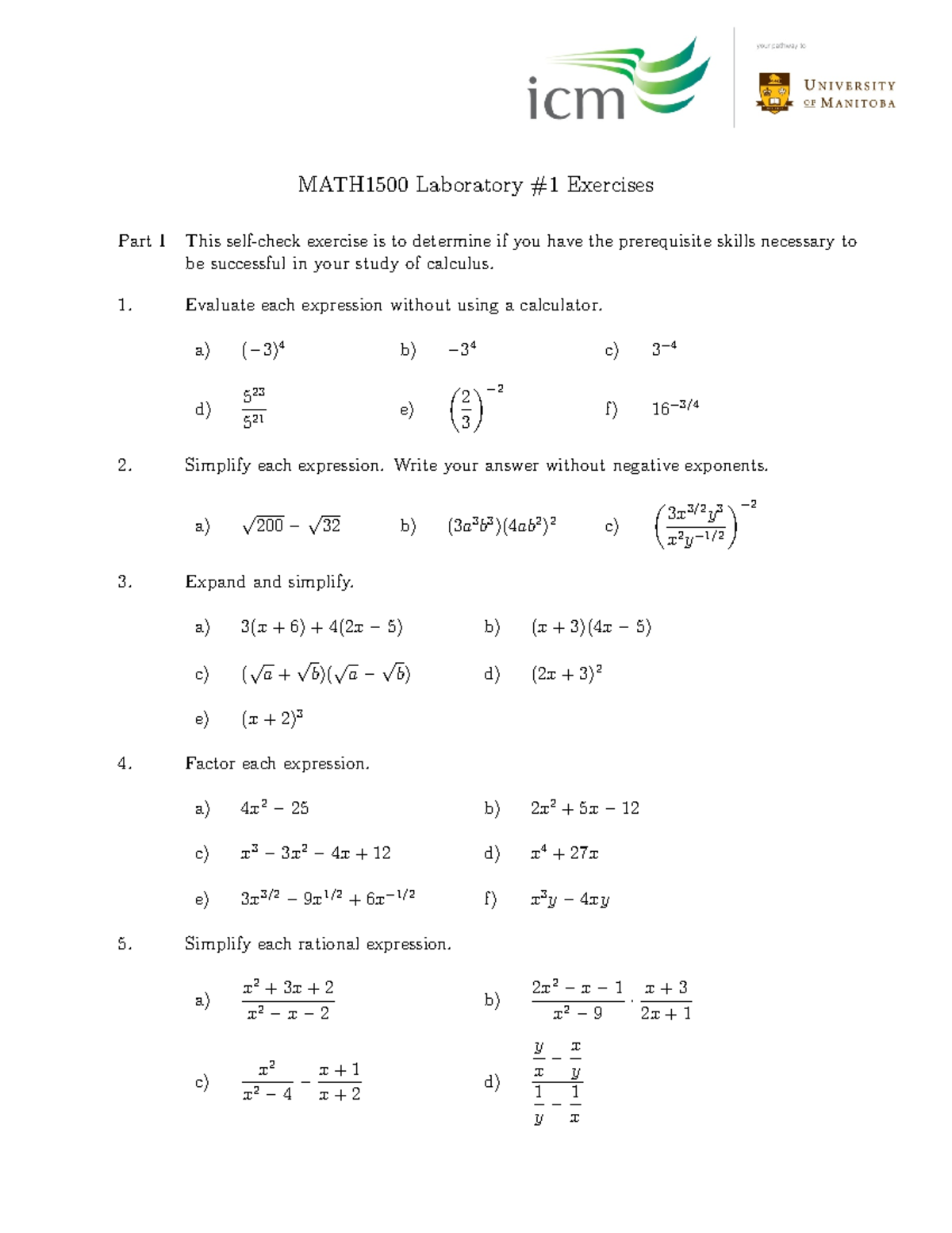 MATH1500 Lab #1 Exercises: Calculus Skills Assessment & Practice - Studocu