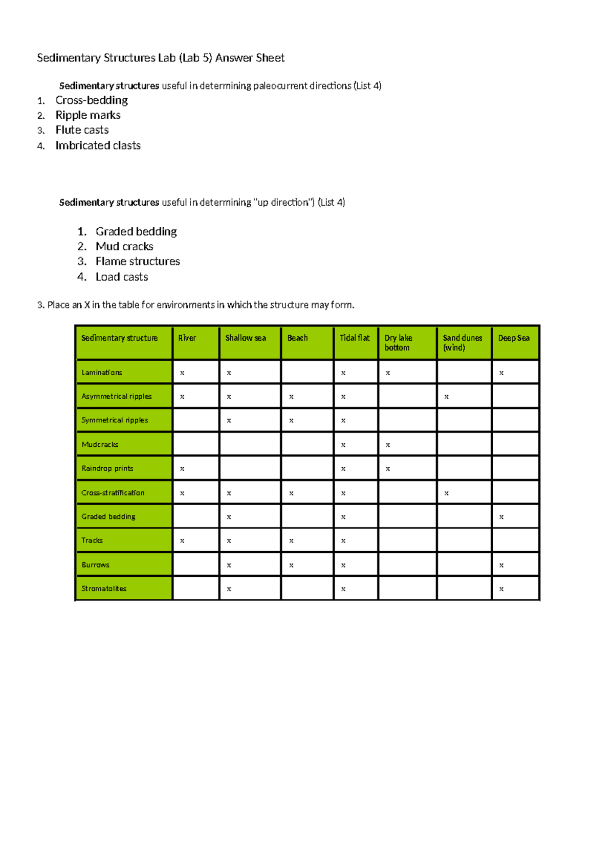 Lab 5 - Sedimentary Structures Answer Sheet Analysis - Studocu