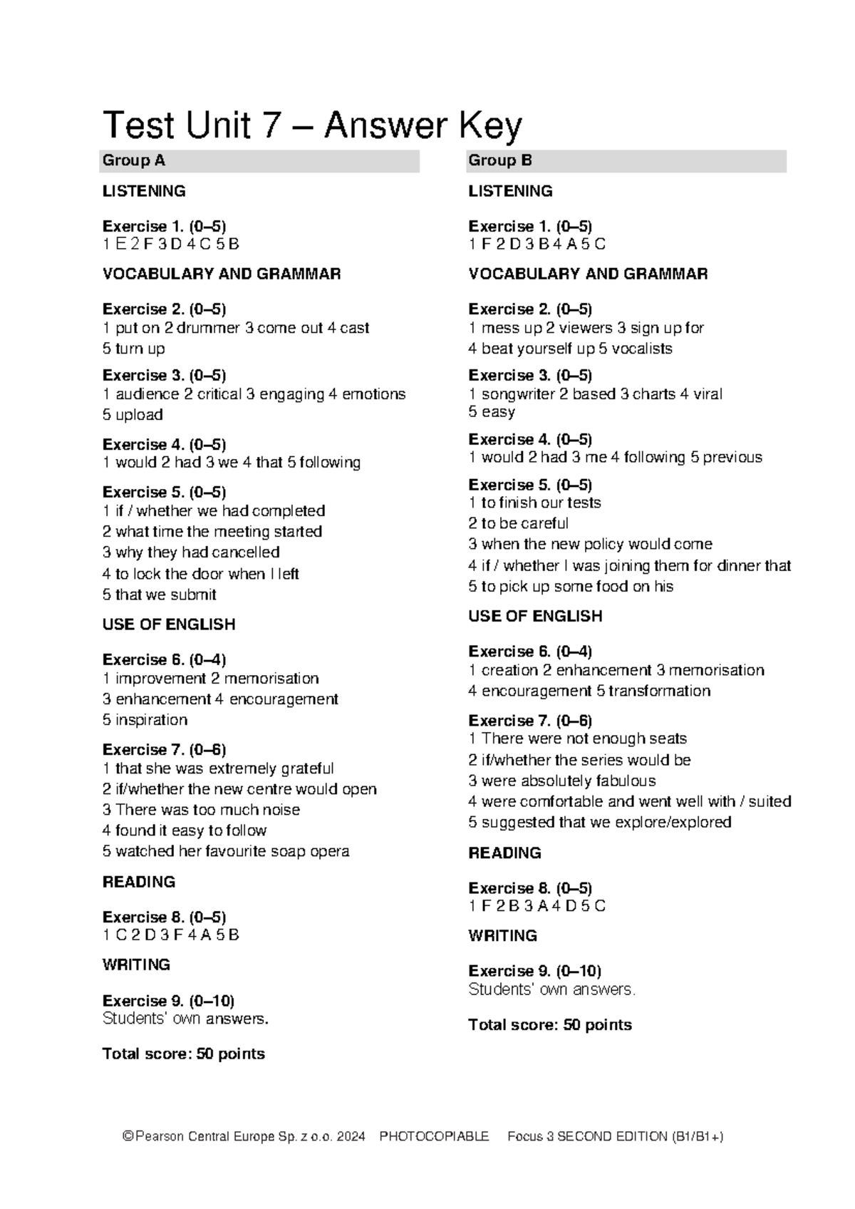 Focus 3 2E Test Unit 7 Answer Key: Listening & Grammar - Studocu
