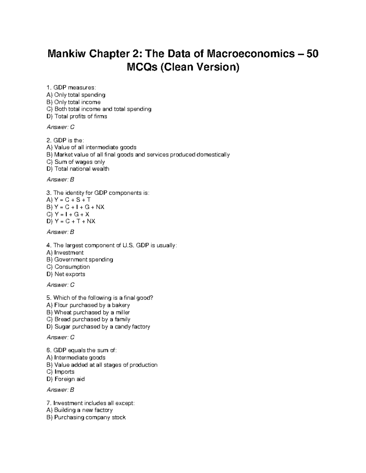 Mankiw Chapter 2: 50 Clean MCQs on Macroeconomics Concepts - Studocu