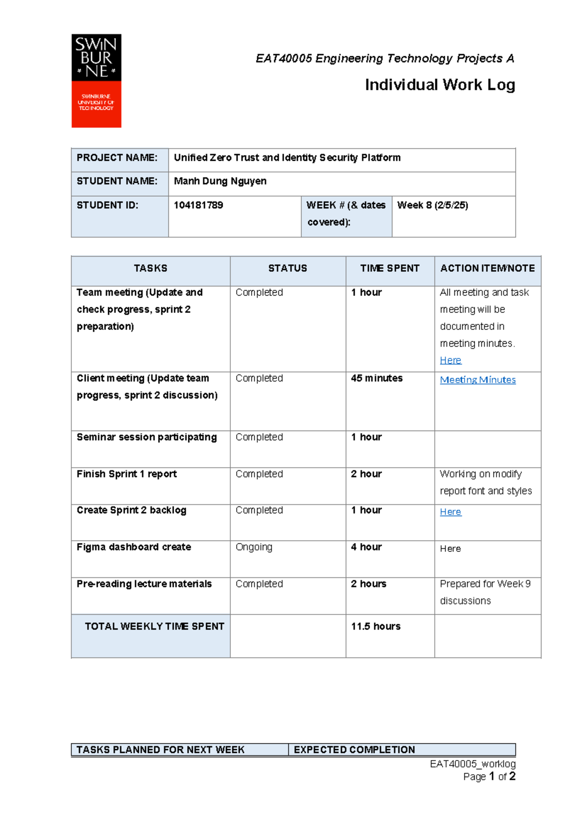 Engineering Technology Projects A: Week 8 Work Log by Manh Dung Nguyen ...