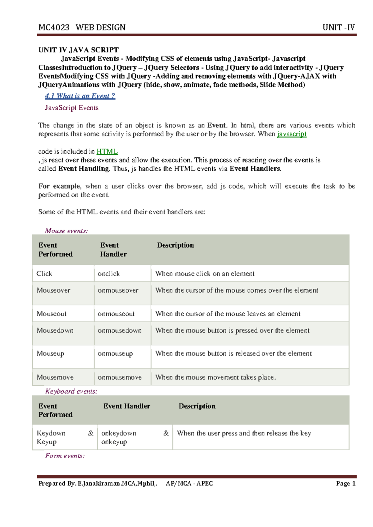 UNIT IV JAVA SCRIPT - MC4023 Web Design Lecture Notes Updated - Studocu