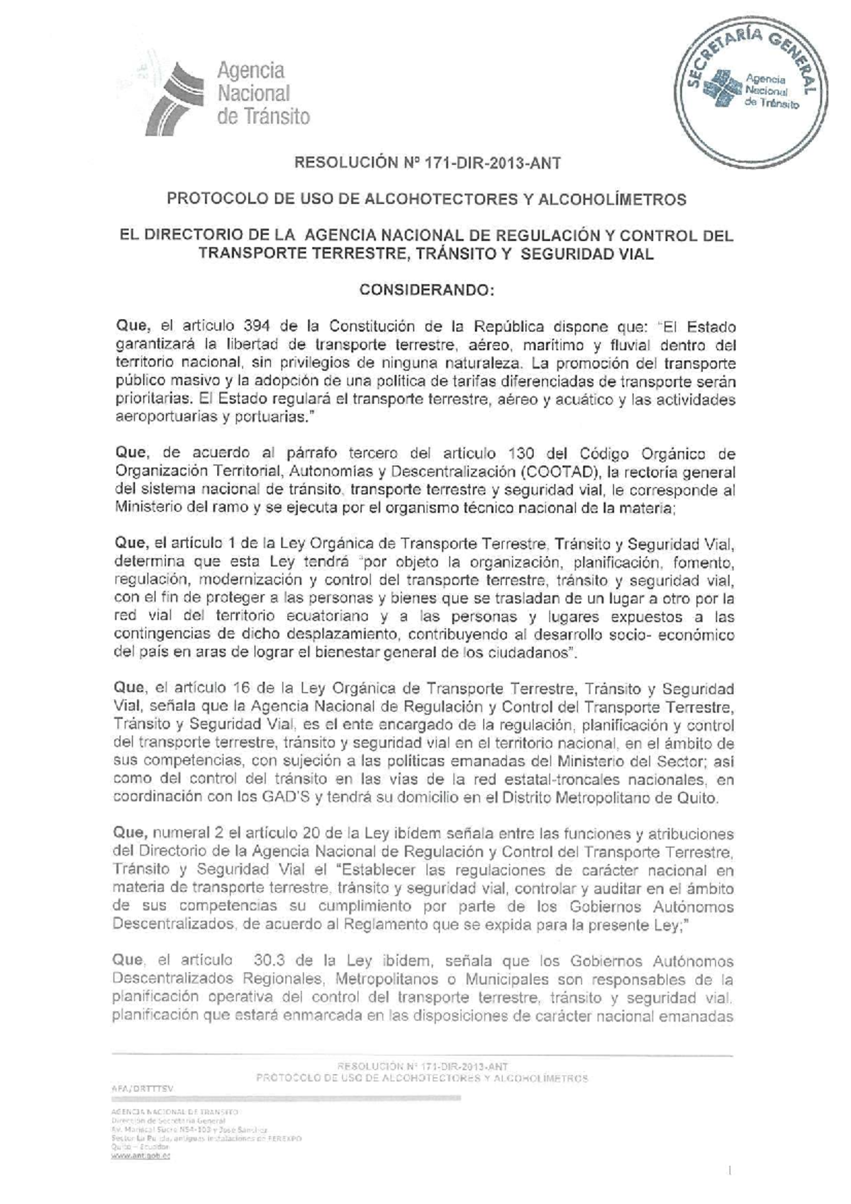 Resolución 171-DIR-2013-ANT: Protocolo de Uso de Alcohotectores y Alcoholímetros - Document Preview