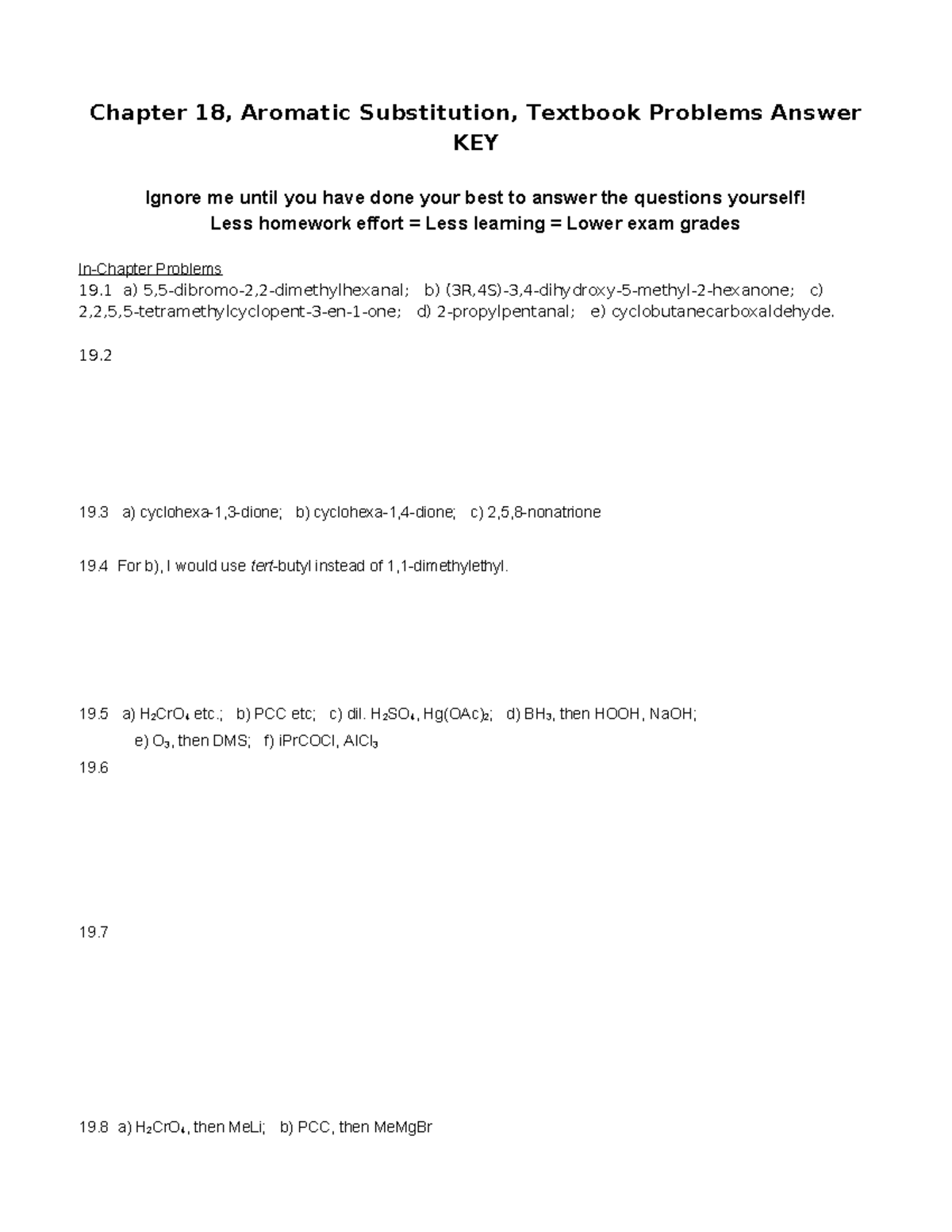 CHEM 224 Chapter 19, Aldehydes & Ketones, Textbook Problems Answer KEY ...