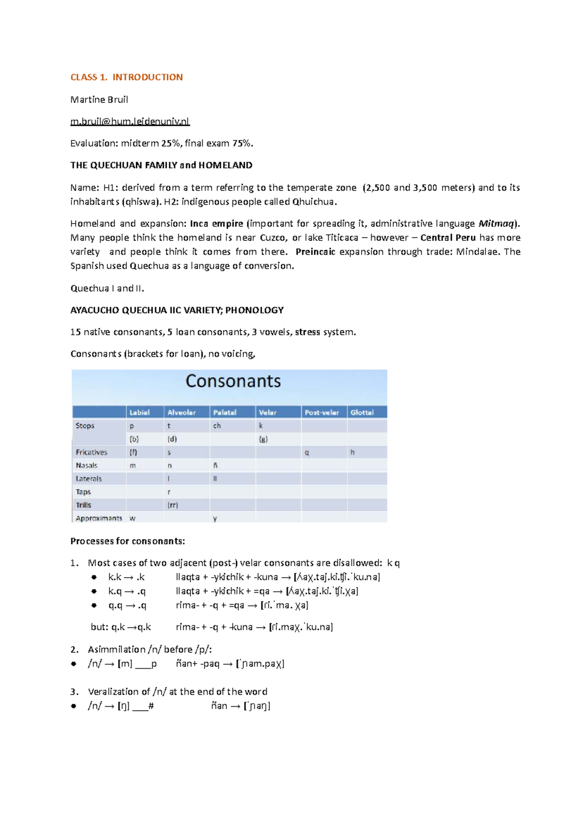 Quechua Language Overview: Midterm Exam Notes (Course Code: QUECH 2024 ...