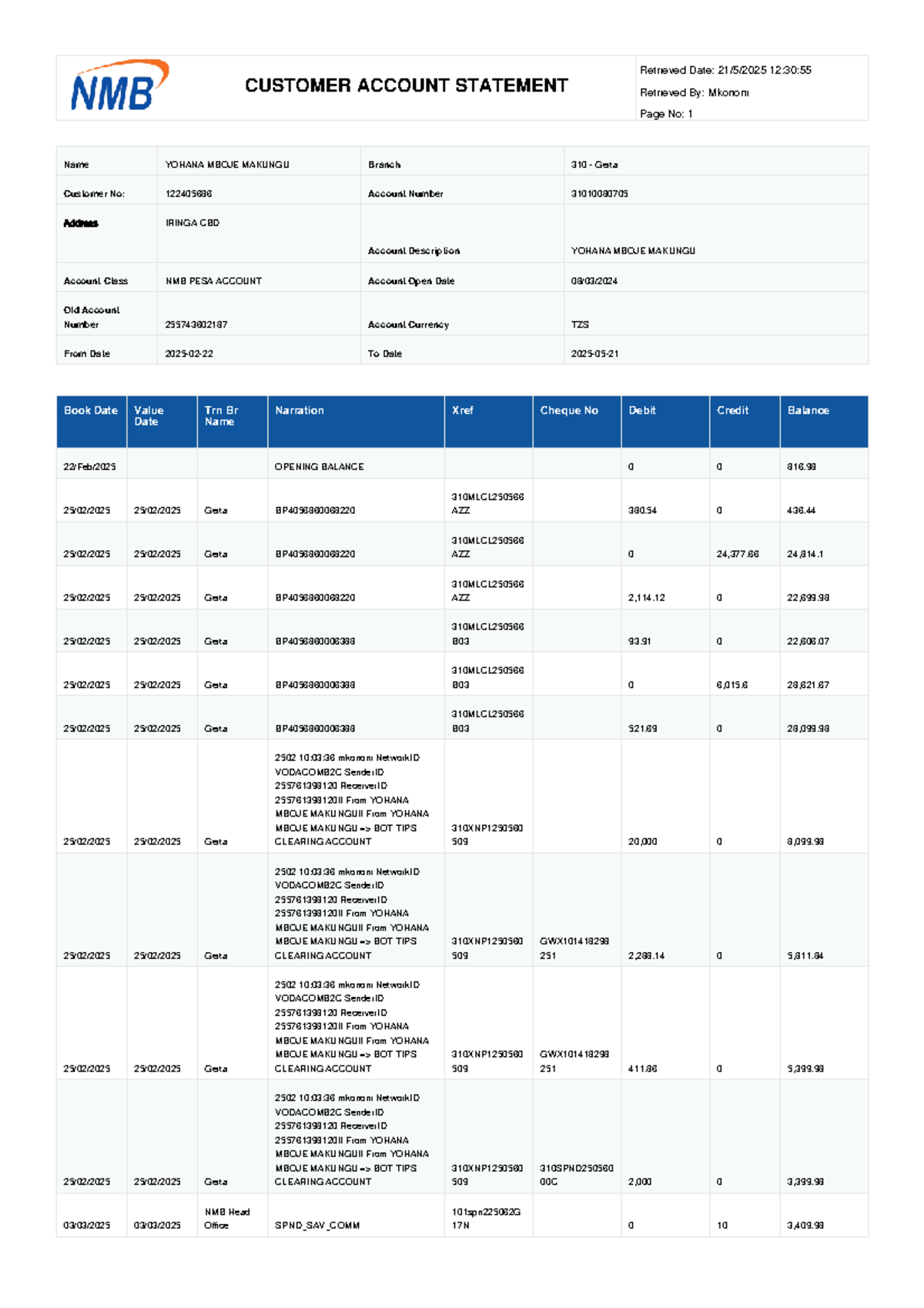 Full Customer Account Statement for 31010080705 - Yohana Mboje Makungu ...