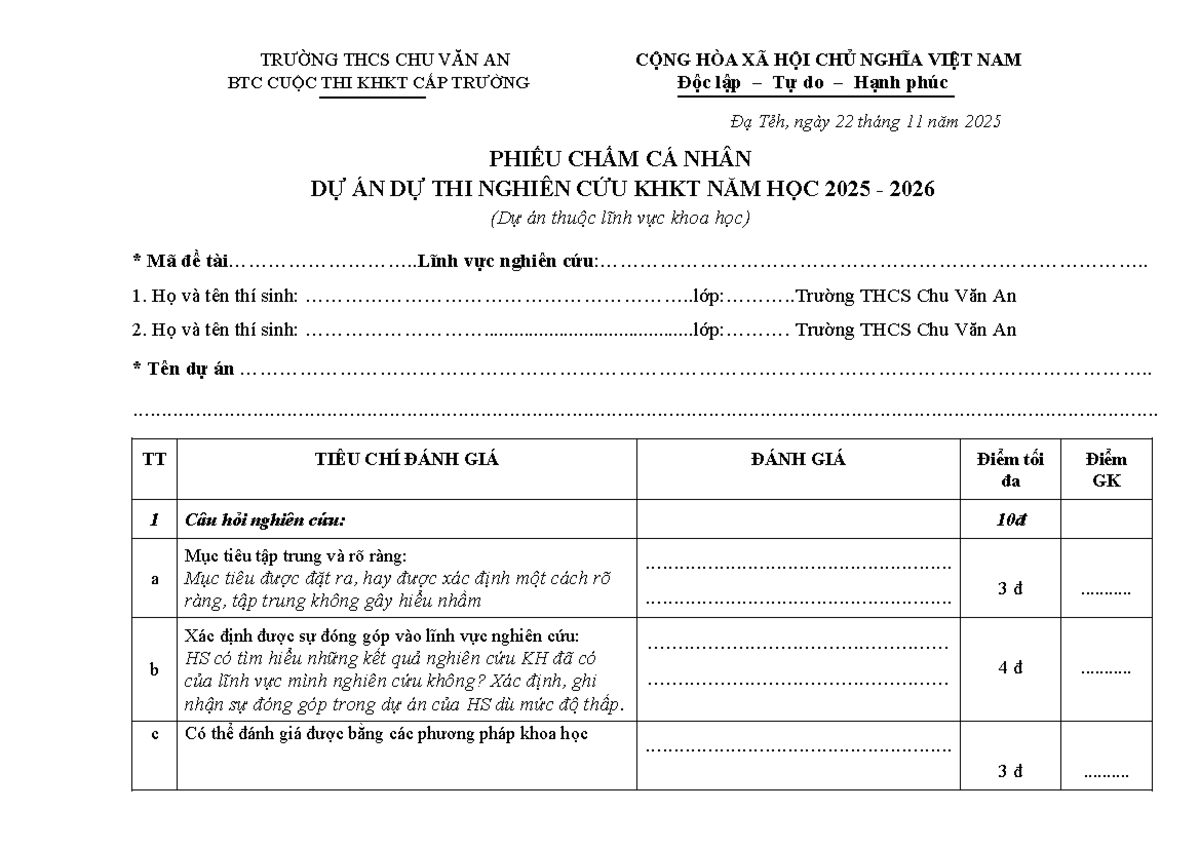 PHIẾU ĐÁNH GIÁ DỰ ÁN KHKT NĂM HỌC 2025-2026 - THCS CHU VĂN AN - Studocu