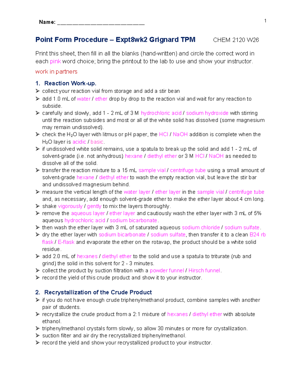 Point Form Procedure for Grignard Experiment 8 (CHEM 2120 W26) - Studocu