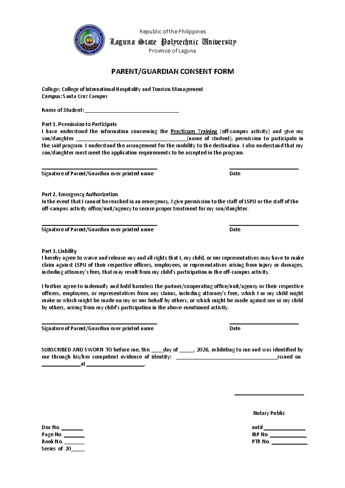 Practicum Parent/Guardian Consent Form 2026 - LSPU - Studocu