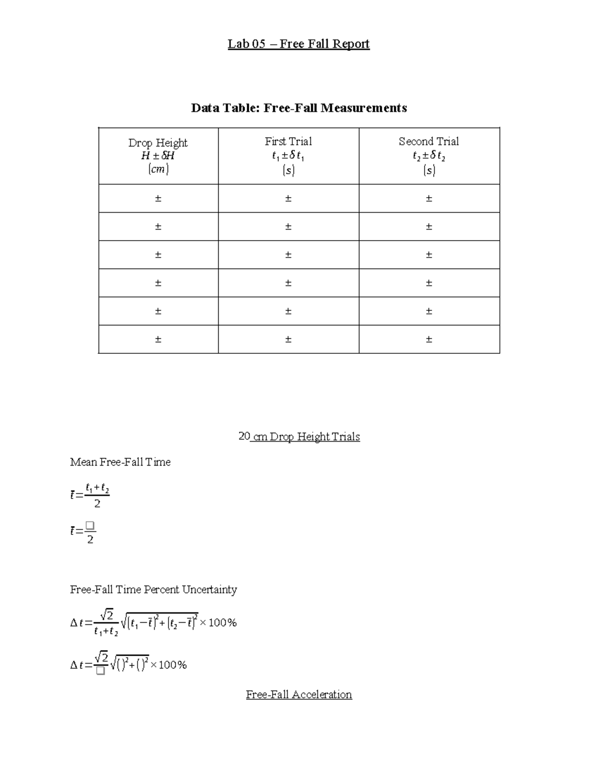 Lab05 freefall report - very god - Data Table: Free-Fall Measurements ...
