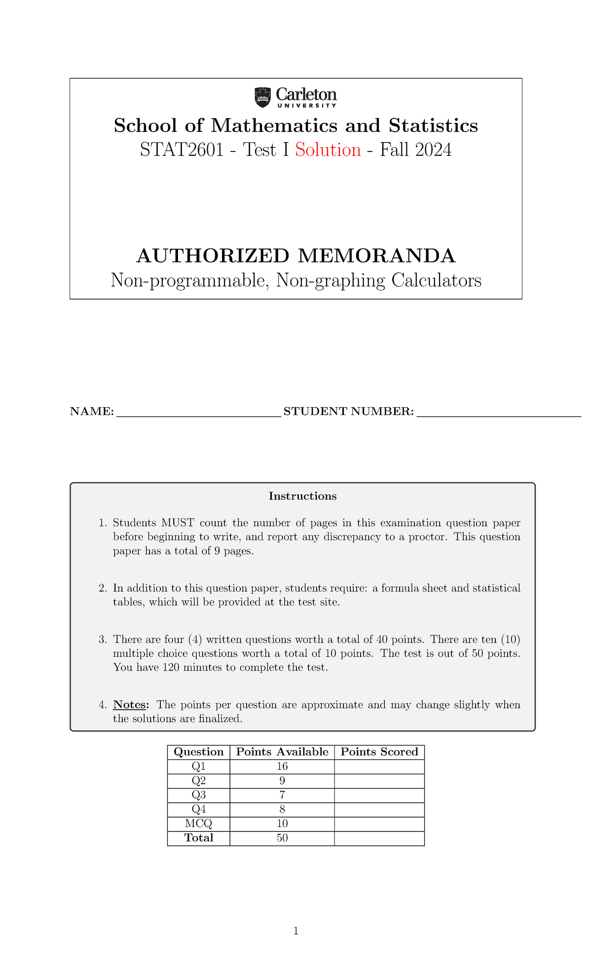 Test 1 Solution - School of Mathematics and Statistics STAT2601 - Test ...