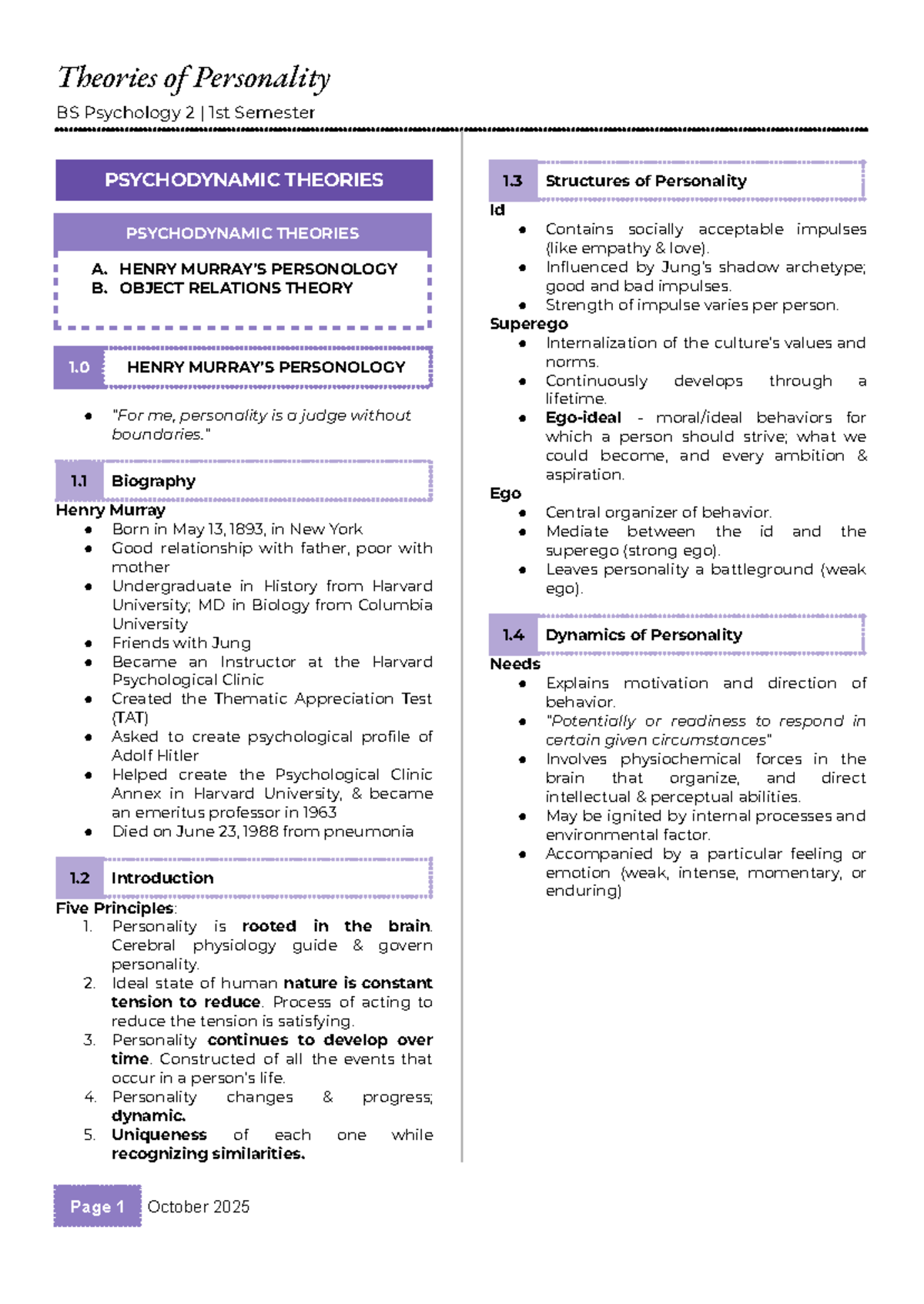 Midterm Notes on Psychodynamic Theories in Personality BS Psychology 2 ...