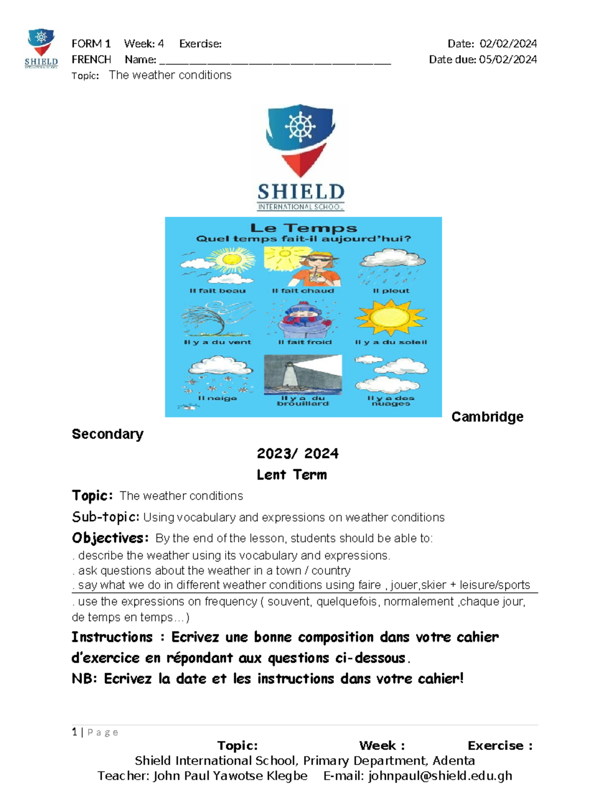 FRENCH Form 1 Week 4 Exercise: Composition SUR LE Temps - Studocu
