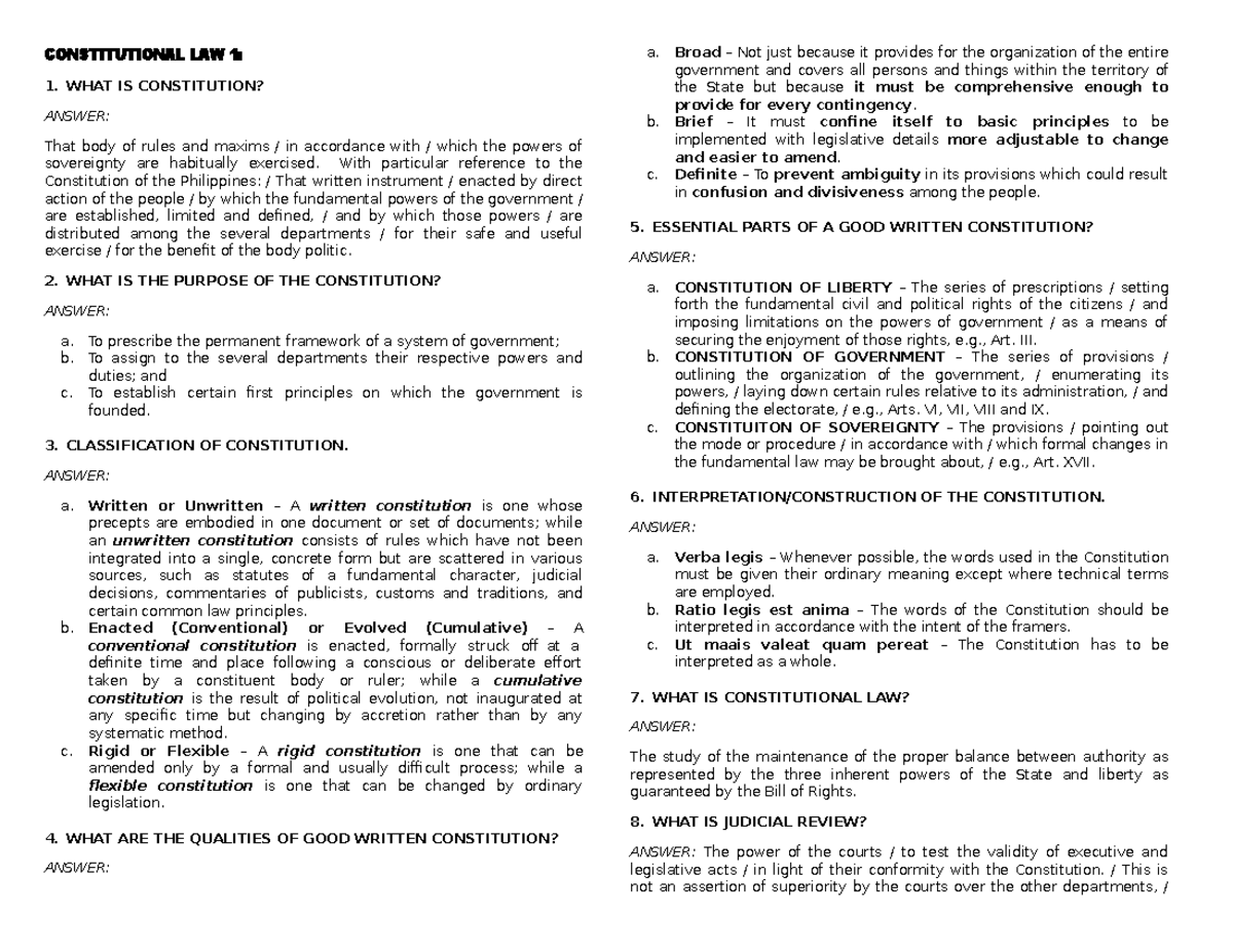 Constitutional Law 1 - Essential Midterm Review Notes - Studocu