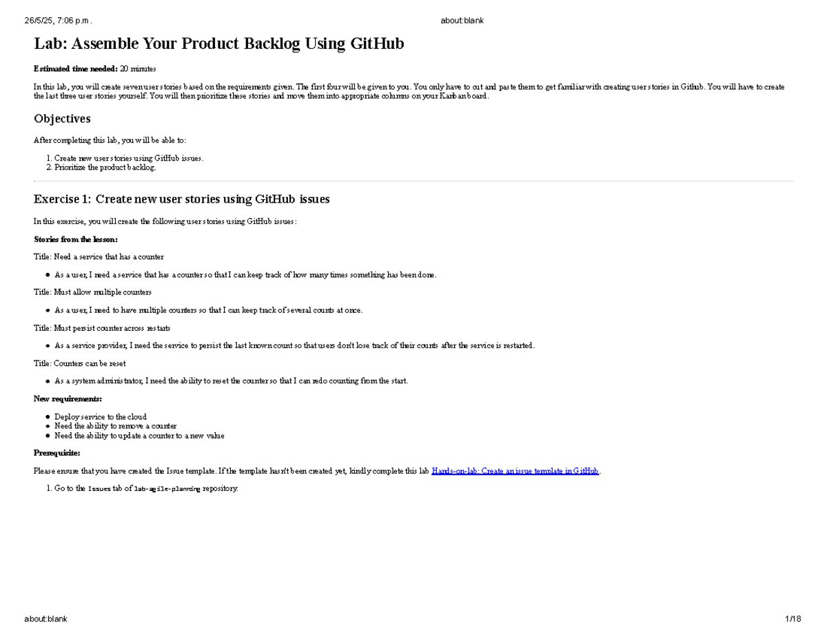 Lab: Creating User Stories & Prioritizing Backlog in GitHub (20 min ...