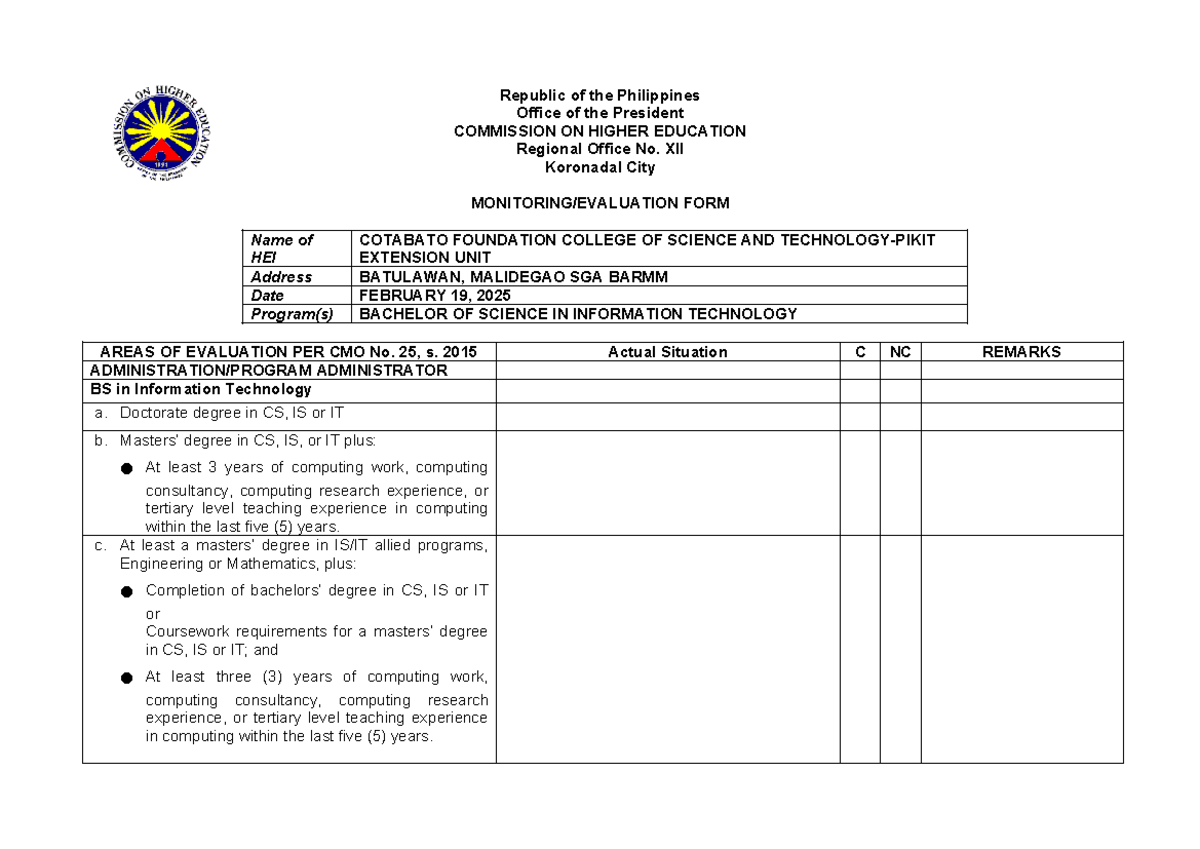 CHED ITE Blank Template from TP - Republic of the Philippines Office of ...