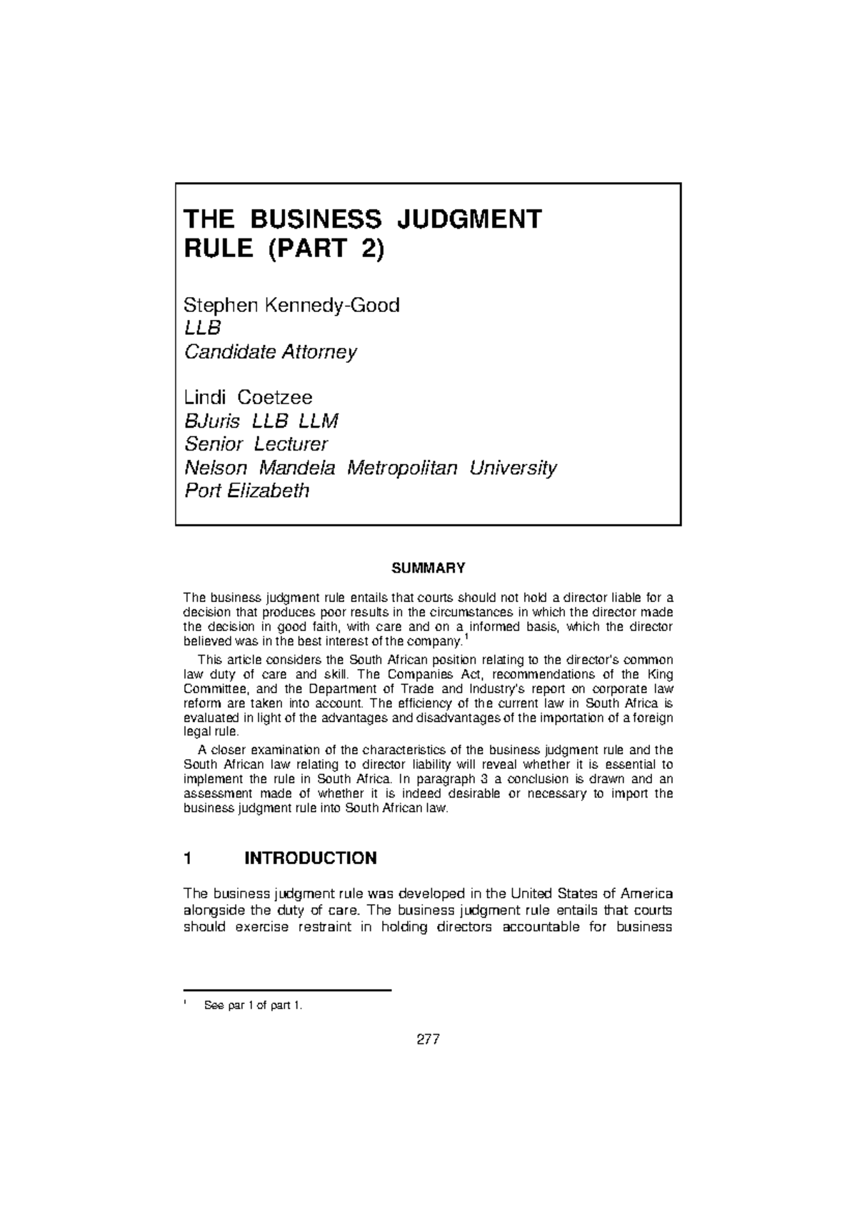 BUSINESS JUDGMENT RULE IN SOUTH AFRICA: A CRITICAL ANALYSIS (PART 2 ...
