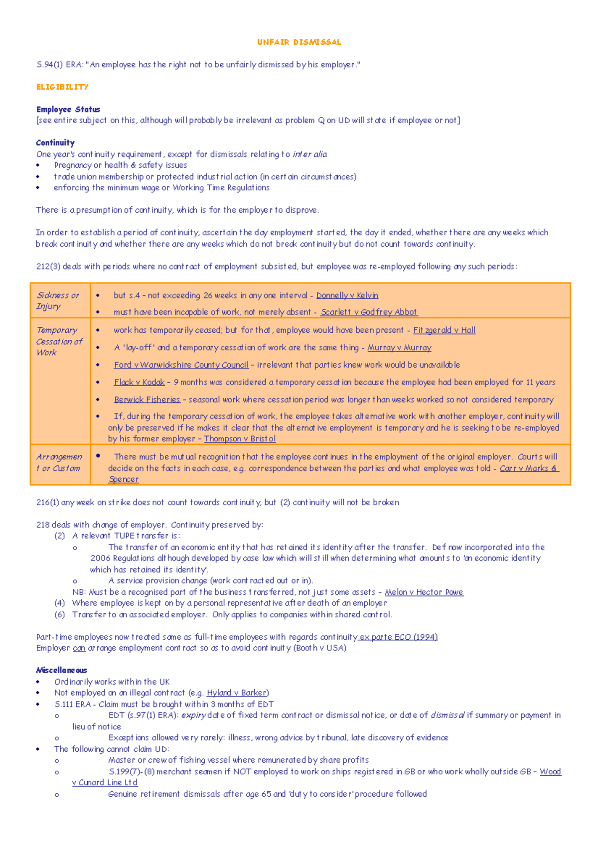 LLB Employment Law Revision Notes: Unfair Dismissal Overview - Studocu