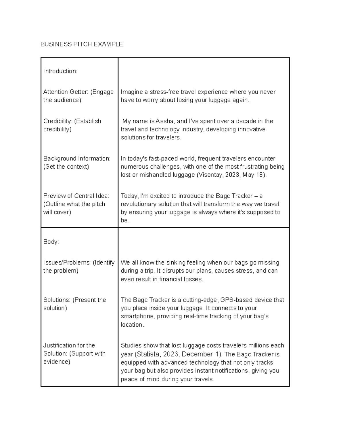 3. Example Business Pitch Outline: The Bagc Tracker Solution - Studocu