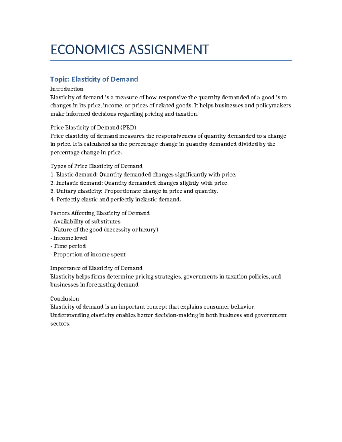 ECON 101: Assignment on Elasticity of Demand Analysis - Studocu
