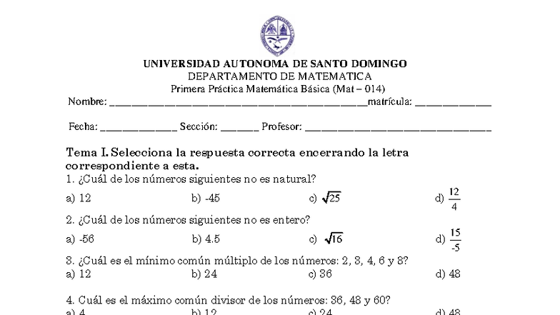Primera Práctica de Matemática Básica (Mat 014) - Ejercicios y ...