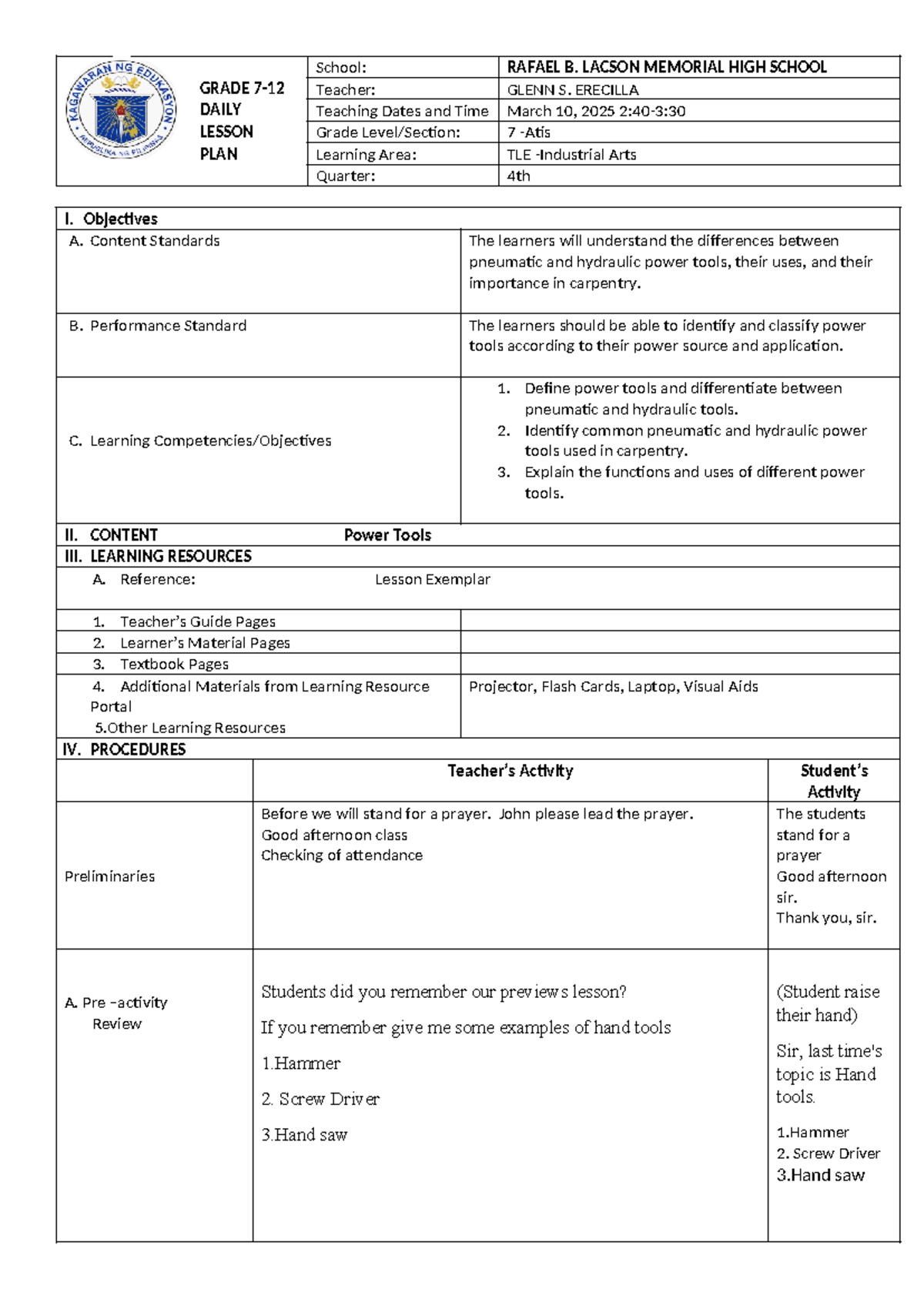 GRADE 7 TLE Daily Lesson Plan: Understanding Power Tools - Studocu