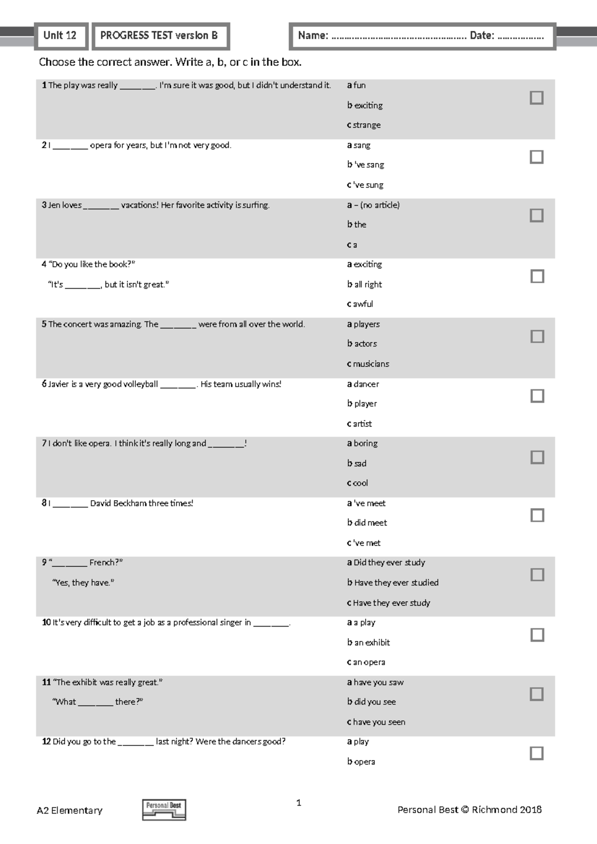 PB Am E A2 Unit 12 Progress Test Version B - Studocu
